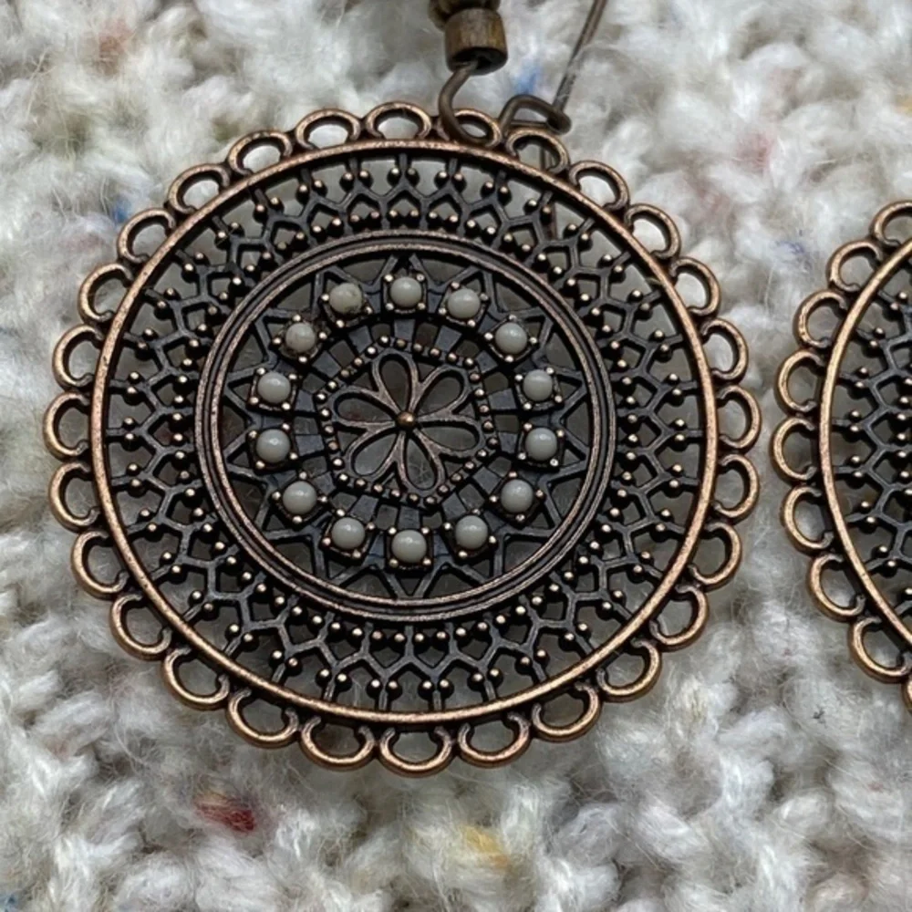 BohoDrop Earrings Round Ornate‎ Metal Wood Bead Hanging Earrings
